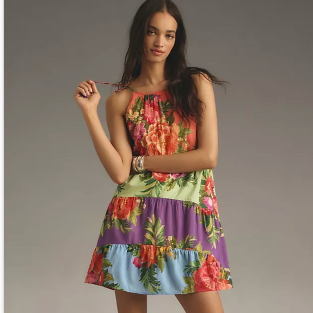 NWT Farm Rio x Anthropologie Halter Floral Tiered Mini Dress